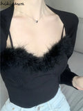 2 Piece Set Women Crop Tops Sexy Sling Vest Long Sleeve Cardigan Coat Outfits Rouopas Femme Sexy Tunic Suit Y2k Clothes-Outfit