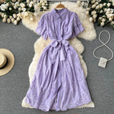 Gentle Wind Turn Collar Bubble Sleeve Medium-Long Shirt Skirt Lace Thin Hollow-Out Design French Dress-Outfit