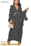 Hollow Out Hole Tassel 2 Piece Set Women Sexy Lace Up V Neck Crop Top + Long Skirts Skinny Club Party Beach Outfits 2023-Outfit