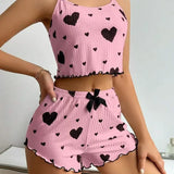 New 2025 Knitted Pit Strip Love Print Design Sweet Sling Shorts Pure Pyjamas