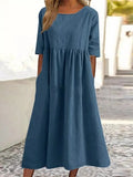 Cotton-Sleeved Short-Sleeved Pocket Folded Loose Round-Neck Dress In Summer