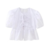 ZRN-Women's Lace Up Cropped Blouses, Puff Sleeves, O Neck, Female Shirts, Chic Tops, Fashion-Outfit