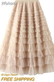 Autumn Korean Style Mesh Puffy Cake Long Skirt Elegant Vintage Elastic Waist High Waist Ball Gown Gauze Tulle Skirt QT1989-Outfit