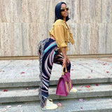 Tassels Patchwork Striped Print Jogger Pant Women Rave Festival Clothing 2023 Fashion Casual High Waist Bodycon Sweat Pants 729-1-Outfit