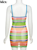 Kliou Mesh Striped Panelled Mini Dress Women Fashion Spaghetti Strap Multi-Color Body-Shaping Skirt Streetwear Female