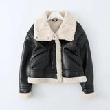 Winter Jacket Women Short Faux Leather Coat Shearling Sheepskin Retro Motorcycle Parkas Fleece Female Snow