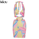 Kliou Tie Dry Two Piece Set Women 2021 Sexy Halter Sequined Beachwear Cleavage Crop Top+Mini Skirt Suit Female платье