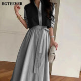 Autumn Casual Striped Fake 2 Pieces Women Dress Turn-down Collar Single-breasted Lace-up Female Loose A-line Dress-Outfit