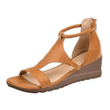 Sandals Summer Fashion Solid Color Open Toe Wedges Sandals Female Casual Buckle Strap Pu Leather Gladiator Sandals