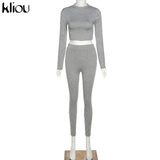 Kliou fashion tracksuit women turtleneck full sleeveless crop top+leggings matching set stretchy sporty fitness casual