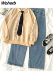 2 Piece Set womens outfits cotton Sportswear Casual loose full Sleeve hoodies and denim wide leg pants Two Piece Sets INS 430-0-Outfit
