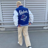 Women Bomber Jacket Blue Contrast Sleeve PU Leather Jaded Casual London Coats Letter Embroidery Autumn Baseball