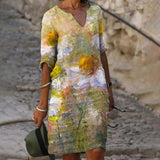 Women Dress Summer Vintage Print V-Neck Half Sleeve A-Line Dress Sundress 2021 Fashion Female Loose Dresses