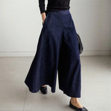 Women High Waist Over Length Jeans Pants Loose Trousers Pockets Elastic Waist Female Wide Leg Denim Pants QT208-Outfit