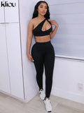 Kliou Sporty Solid Two Piece Set Women Skinny Inclined Shoulder Hole Cleavage Tank Tops+ Concise Stretchy Pants Workout