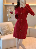 Autumn winter new in Chic Red knit dress women long sleeves O-Neck Button elegant Party dresses-Outfit