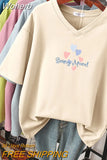 100% Cotton M-6XL T Shirt Heart Balloon Print Tshirt Short Sleeve Women's Top Summer Couple V Neck Oversized T Shirts-Outfit