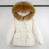 Large Natural Raccoon Fur Hooded Winter Jacket 90% White Duck Down Coat Women Puffer Fluffy Parkas With Belt Snow