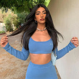 2021 Long Sleeves Solid Navel Low Neck Bodycon Top Sexy Mini Dress Set Summer Women Fashion Streetwear Outfits