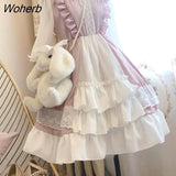 Women Students Kawaii Lovely Harajuku Loose Chic Knee-Length All-match Flare Sleeve Lace Patchwork Japan Style Lolita Cute-Outfit