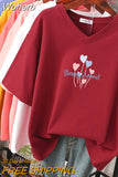100% Cotton M-6XL T Shirt Heart Balloon Print Tshirt Short Sleeve Women's Top Summer Couple V Neck Oversized T Shirts-Outfit