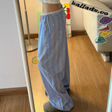 Woherb Wind Dopamine Contracted Stripe Casual Pants Female Low Waist Lace Splicing Straight Tube-Outfit