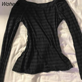 Autumn y2k Aesthetic Off Shoulder Long Sleeve T-shirts Women Striped Print Fairy Grunge Slim T-shirts Streetwear Clothes-Outfit