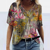 3D Floral Print T-shirts Women Fashion Short Sleeve Loose Tops Casual V-neck High Street Tee Plus Size Top