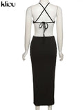 Kliou Ribbed Lace up Maxi Dress Women Sexy Solid Sleeveless Backless Body-Shaping Cut Out Skirt Party Clubwear Female