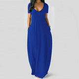 Maxi Dress 2021 Summer Fashion Solid V-Neck Short Sleeve Long Dresses Vestidos Female Casual Pockets Robe Dress Plus