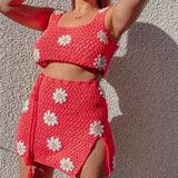 Floral Crochet Crop Cami Top and High Waist Split Skirt Summer Knitted Suit Beach Vacation Two Piece Set Women