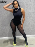 Kliou Solid Concise Two Piece Set Women Skinny Mock Neck Sleeveless Bodysuits+ Mesh See Through Leggings Acctivewear Female