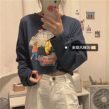 Women Long Sleeve Fashion Cartoon Printed T-shirts Sexy Short O-neck Korean Style Tops Ladies Streetwear Ins All-match Chic Cute-Outfit