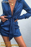 Lace-up Women's Dress Summer V-neck Sexy Dresses Vintage Long Sleeve Turn-down Collar Streetwear Mini Dress Casual 19932-Outfit