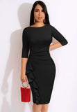 Elegant Round Neck Half Sleeve Ruffled Bodycon Midi
