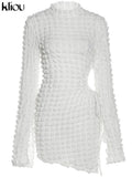 Kliou Stacked Hollow Out Mini Dress Women Fashion Stunning Long Sleeve Drawstring Undefined Skinny Skirt Attirewear Female