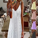 Woherb Women's Summer New Hollow Jacquard V-Collar Sling Solid Color Dress-Outfit