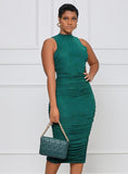 Green Sexy O-Neck Sleeveless Solid Ruffles Midi