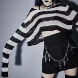 Hole Ripped Short Sweater Female Couple Striped Loose Punk Dark Sweater Versatile Knit-Outfit