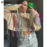 Puss Knit Women Sweather Y2K Ribbon Contrast Color O-Neck Loose Vitality Crop Top Casual Wild Trend Festival Streetwear-Outfit