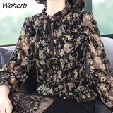Chiffon Shirt Autumn New Floral Fashion Women's Clothing Loose Long Sleeve Stand Collar Bottoming Blouse Top-Outfit
