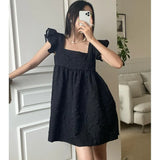 Woherb Korean Chic Summer New Style Small Pure And Fresh And Sweet Show Thin Jacquard Loose Reduce Age Flounce Square Collar Dress Female-Outfit