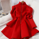 2020 New Women Dress Korean Stand Collar Puff Long Sleeve Feamle Dresses Vintage Office Lady Zipper A-Line