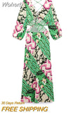 Printed Women's Backless Midi Dress Sexy Hollow Out V-neck Lantern Sleeved Slim Robe 2023 Summer Lady Chic Vestidos-Outfit