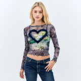 Gauze Heart Sweet Blue T-Shirt Women Tie Dye Crew Neck Y2K Streetwear Mesh Elastic Butterfly Tops Full Sleeve Tees Clas-Outfit