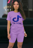 Purple Casual O-Neck Short Sleeves Letter Print Loose Two Piece Shorts