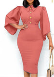 Blue Elegant O-Neck Short Sleeves Patchwork Lace Hollow Out Midi Pencil Plus Size Office
