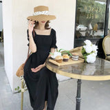 Women Simple Slim Solid Square Collar Summer Womens A-line Fashion Temperament Casual Vintage French Trend Maxi