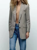 Women Casual Veins Blazers Suit Coats 2023 Autumn Houndstooth Single Breasted Female Elegant OL Blazer Outerwear Cloth-Outfit