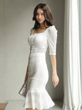 2 Piece Outfit Elegant Women Chic White Square Collar Short Crop Tops Shirt Blouse Mermaid Midi Skirt Slim Femme Mujer Sets-Outfit